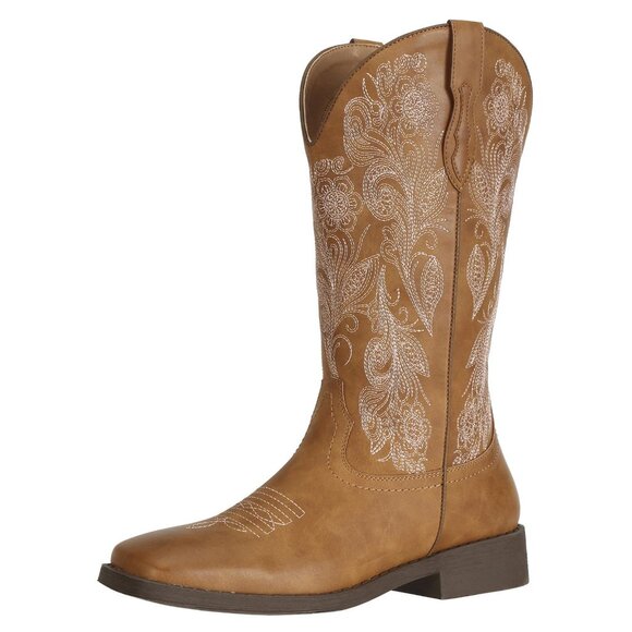 Women's Floral Embroidered Cowboy Boots Square Toe Western Fashion